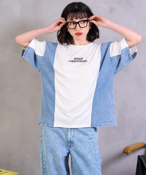 A.D.C.L.(エーディーシーエル)の「デニム切替 ロゴ刺繍 半袖Tシャツ(Tシャツ/カットソー・レディース・ブラック/ホワイト・M/L)」の7枚目の写真