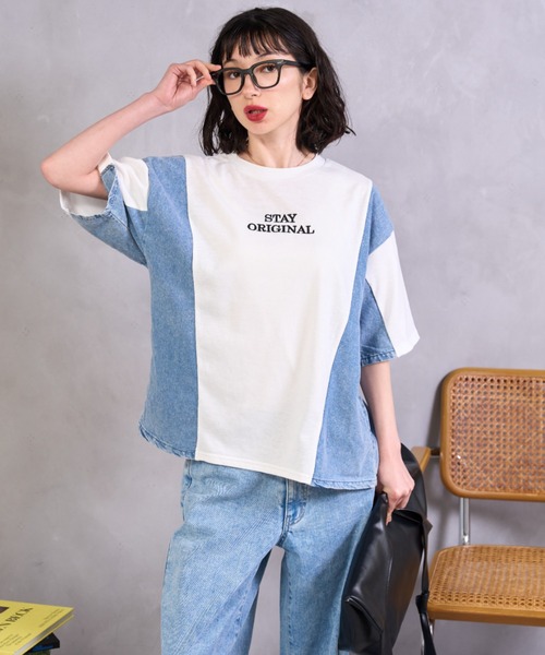 A.D.C.L.(エーディーシーエル)の「デニム切替 ロゴ刺繍 半袖Tシャツ(Tシャツ/カットソー・レディース・ブラック/ホワイト・M/L)」の3枚目の写真