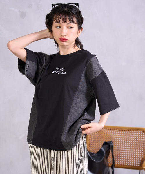A.D.C.L.(エーディーシーエル)の「デニム切替 ロゴ刺繍 半袖Tシャツ(Tシャツ/カットソー・レディース・ブラック/ホワイト・M/L)」の12枚目の写真