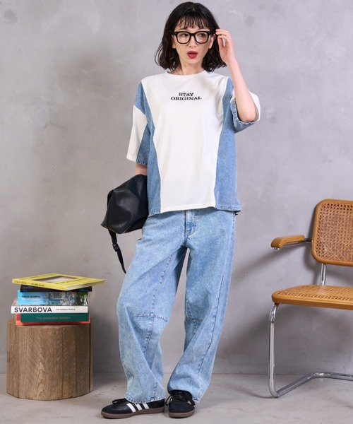 A.D.C.L.(エーディーシーエル)の「デニム切替 ロゴ刺繍 半袖Tシャツ(Tシャツ/カットソー・レディース・ブラック/ホワイト・M/L)」の15枚目の写真