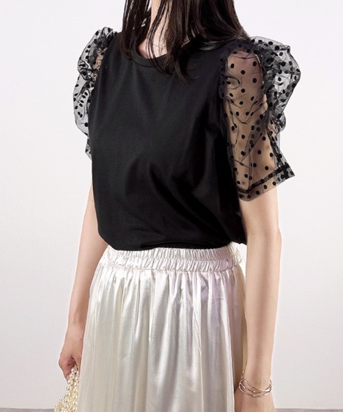 CLOTHY(クロシィ)の「【“ちょうどいい甘さ”が強い】ドットレースドッキングTシャツ(Tシャツ/カットソー・レディース・オフホワイト/ブラック・FREE)」の5枚目の写真