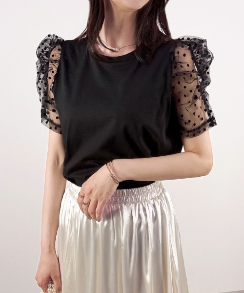 CLOTHY(クロシィ)の「【“ちょうどいい甘さ”が強い】ドットレースドッキングTシャツ(Tシャツ/カットソー・レディース・オフホワイト/ブラック・FREE)」の8枚目の写真