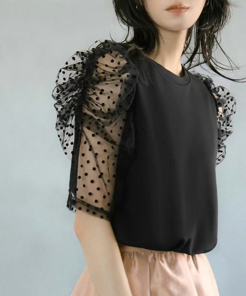 CLOTHY(クロシィ)の「【“ちょうどいい甘さ”が強い】ドットレースドッキングTシャツ(Tシャツ/カットソー・レディース・オフホワイト/ブラック・FREE)」の15枚目の写真
