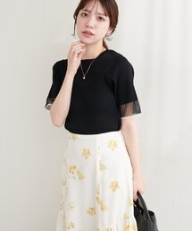 袖口シアー強撚リブニット