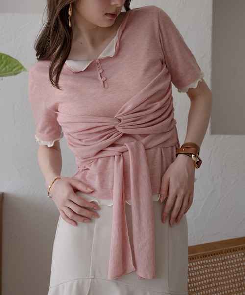 mideal(マイディール)の「twist ribbon layered tops / ツイストリボンレイヤードトップス(Tシャツ/カットソー・レディース・アイボリー/クリーム/ピンク・FREE)」の3枚目の写真