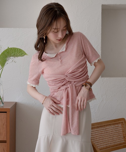 mideal(マイディール)の「twist ribbon layered tops / ツイストリボンレイヤードトップス(Tシャツ/カットソー・レディース・アイボリー/クリーム/ピンク・FREE)」の14枚目の写真