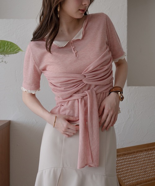 mideal(マイディール)の「twist ribbon layered tops / ツイストリボンレイヤードトップス(Tシャツ/カットソー・レディース・アイボリー/クリーム/ピンク・FREE)」の15枚目の写真