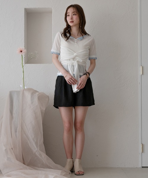 mideal(マイディール)の「twist ribbon layered tops / ツイストリボンレイヤードトップス(Tシャツ/カットソー・レディース・アイボリー/クリーム/ピンク・FREE)」の13枚目の写真