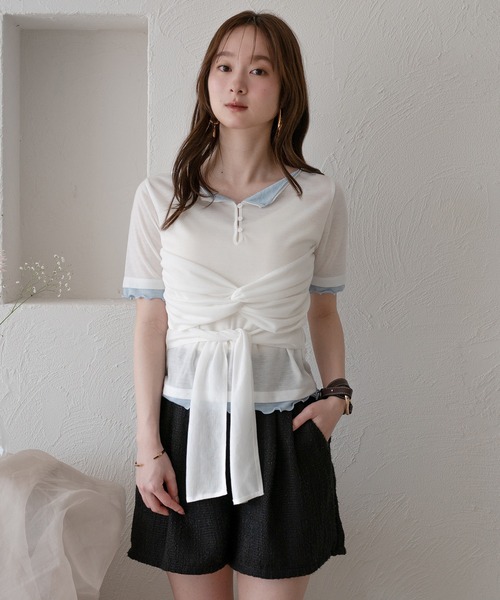 mideal(マイディール)の「twist ribbon layered tops / ツイストリボンレイヤードトップス(Tシャツ/カットソー・レディース・アイボリー/クリーム/ピンク・FREE)」の7枚目の写真