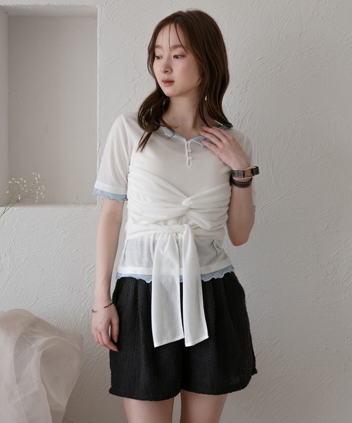 mideal(マイディール)の「twist ribbon layered tops / ツイストリボンレイヤードトップス(Tシャツ/カットソー・レディース・アイボリー/クリーム/ピンク・FREE)」の8枚目の写真