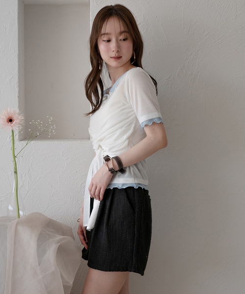 mideal(マイディール)の「twist ribbon layered tops / ツイストリボンレイヤードトップス(Tシャツ/カットソー・レディース・アイボリー/クリーム/ピンク・FREE)」の9枚目の写真