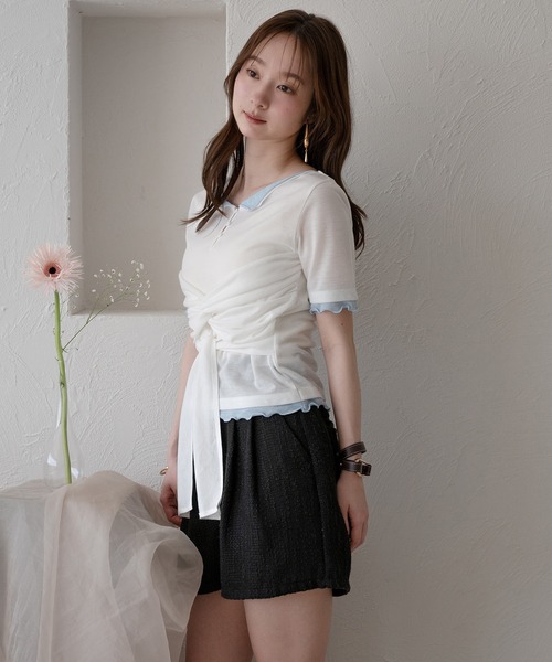 mideal(マイディール)の「twist ribbon layered tops / ツイストリボンレイヤードトップス(Tシャツ/カットソー・レディース・アイボリー/クリーム/ピンク・FREE)」の10枚目の写真