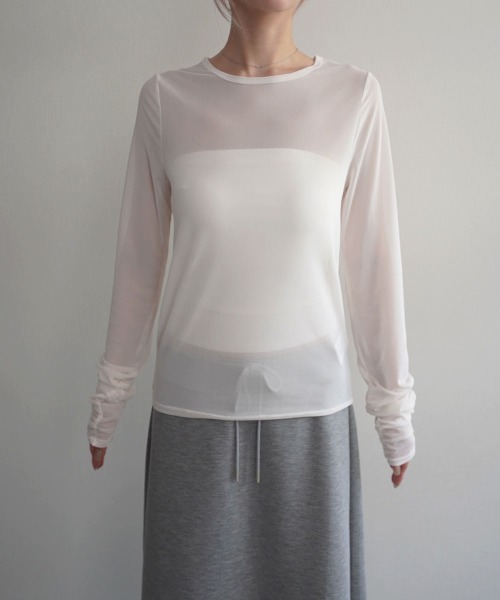 Rashik（ラシク）の「【Rashik】袖シャーリングシアートップス（Tシャツ/カットソー・レディース・ホワイト/ブラック/チャコール・FREE）」の10枚目の写真