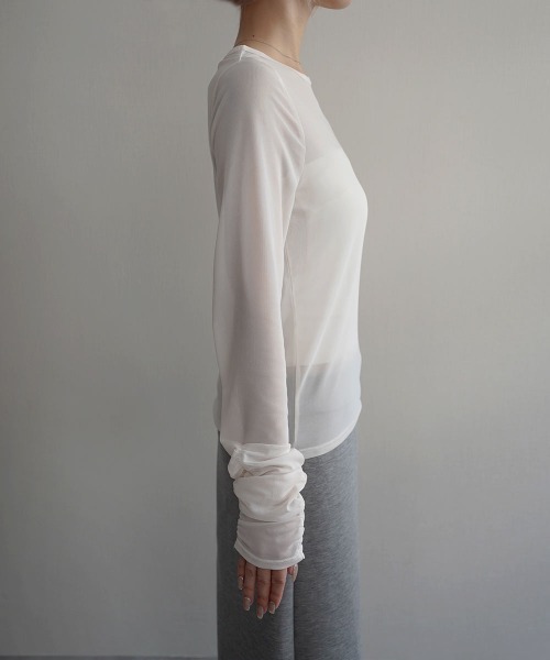 Rashik（ラシク）の「【Rashik】袖シャーリングシアートップス（Tシャツ/カットソー・レディース・ホワイト/ブラック/チャコール・FREE）」の11枚目の写真