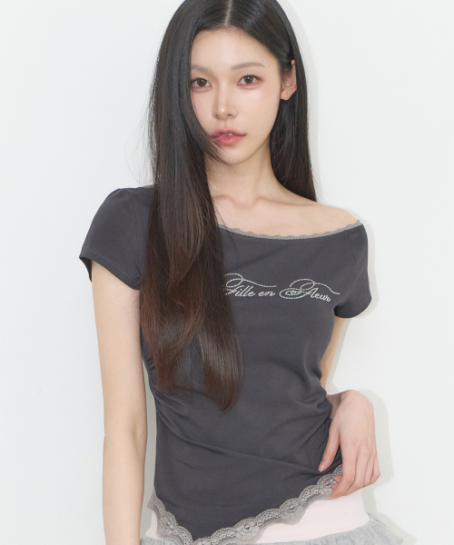 ILLIGO(イリゴ)の「レースワンショルダーシャーリングトップチャコール(Tシャツ/カットソー・レディース・その他・OS)」の2枚目の写真