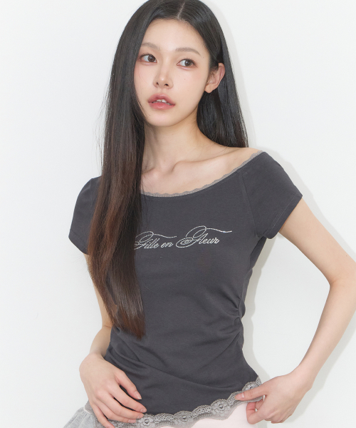 ILLIGO(イリゴ)の「レースワンショルダーシャーリングトップチャコール(Tシャツ/カットソー・レディース・その他・OS)」の3枚目の写真