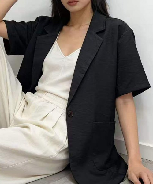 LOWO(ロワ)の「ハーフスリーブテーラードジャケット 半袖(テーラードジャケット・レディース・オフホワイト/ブラック/ブラウン・FREE)」の2枚目の写真
