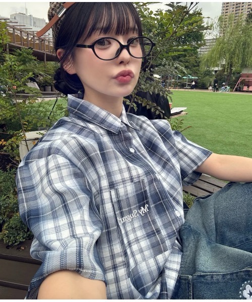 My sugar Babe（マイシュガーベイブ）の「OG logo check shirt（Tシャツ/カットソー・メンズ・ブルー系/ピンク系・LARGE/MEDIUM）」の5枚目の写真