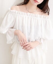 チューリップ柄オフショルペプラムブラウス