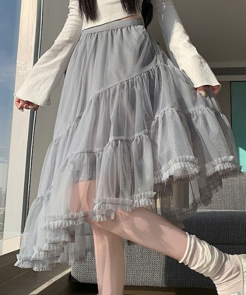 ＆soiree（アンドソワレ）の「アシンメトリーフリルシアースカート（スカート・レディース・グレー/アイボリー/ブラック・SMALL/MEDIUM/LARGE/X-LARGE）」の3枚目の写真