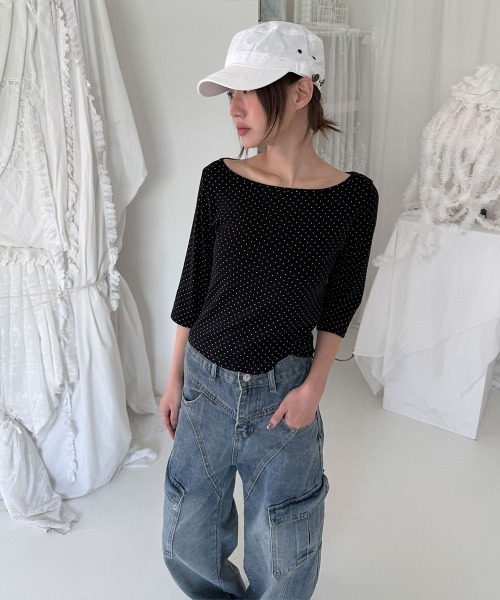 4INT.（フォイント）の「ドット ラウンドネック 7分袖 Tシャツ（Tシャツ/カットソー・レディース・グレー/ブラック/チャコール/ホワイト・FREE）」の9枚目の写真