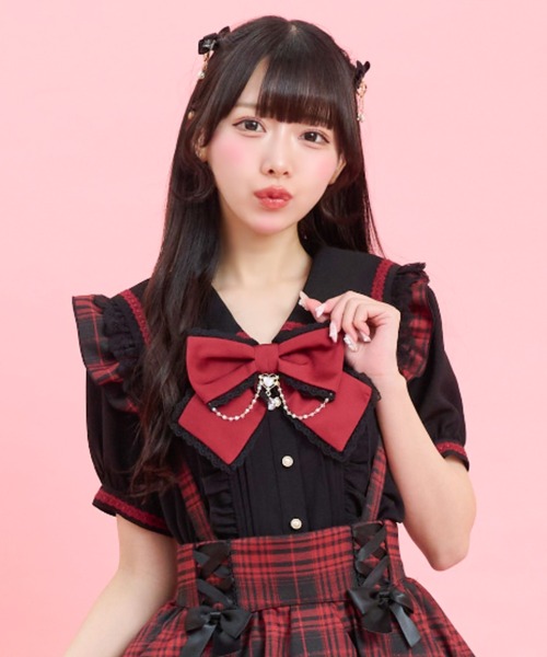 Secret Honey(シークレットハニー)の「半袖レースアップセーラーブラウス(シャツ/ブラウス・レディース・オフホワイト/ブラック・MEDIUM)」の1枚目の写真