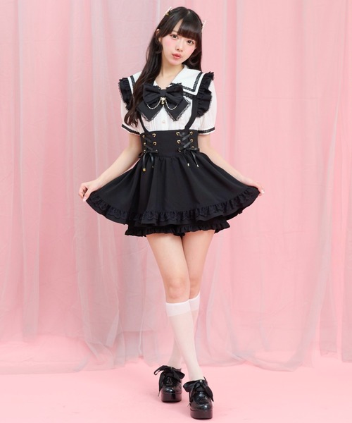 Secret Honey(シークレットハニー)の「半袖レースアップセーラーブラウス(シャツ/ブラウス・レディース・オフホワイト/ブラック・MEDIUM)」の3枚目の写真