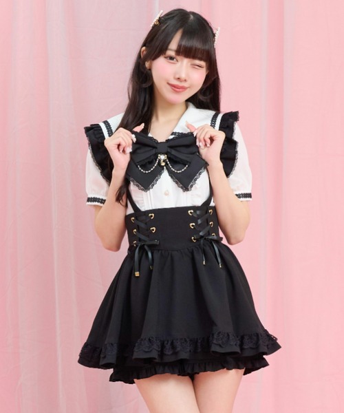 Secret Honey(シークレットハニー)の「半袖レースアップセーラーブラウス(シャツ/ブラウス・レディース・オフホワイト/ブラック・MEDIUM)」の4枚目の写真