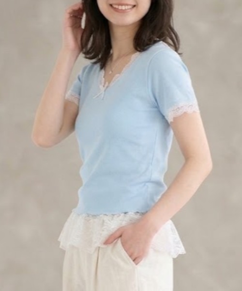 gossip!ロサンゼルス(ゴシップロサンゼルス)の「YUGA フェミニン フリルトップス(Tシャツ/カットソー・レディース・ライトブルー/ピンク・FREE)」の2枚目の写真