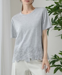 裾フラワー刺繍 半袖 Tシャツ