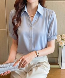 オフィス、プライベート、オケージョンにも◎スキッパー半袖シャツブラウス