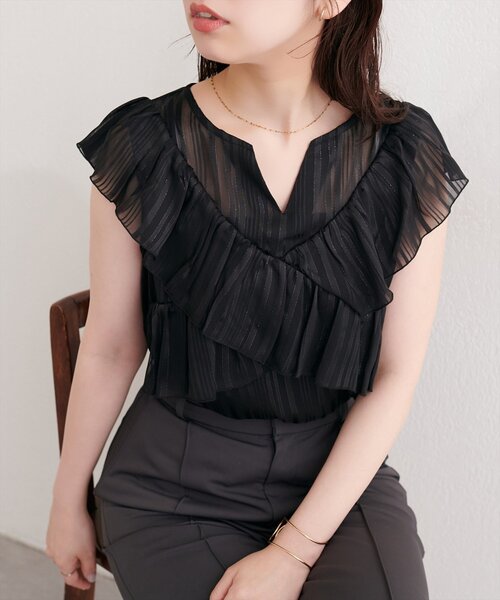natural couture(ナチュラルクチュール)の「スキッパーフリルブラウス(シャツ/ブラウス・レディース・ブルー/ピンク/ブラック/オフホワイト/ミント・FREE)」の2枚目の写真