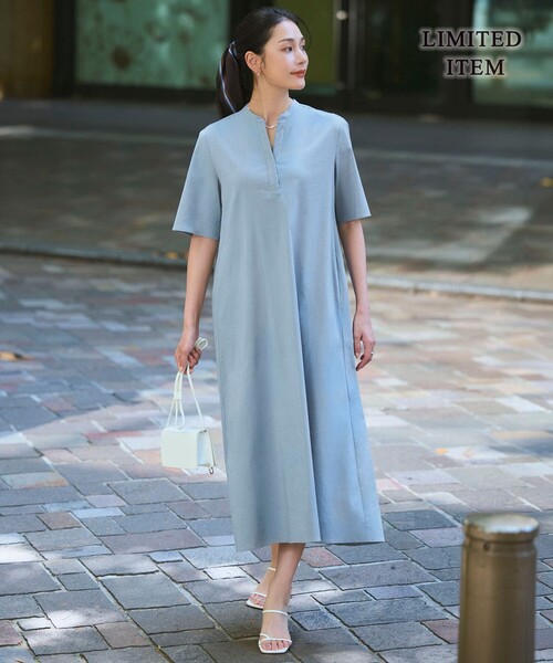 ICB（アイシービー）の「ナチュラルストレッチタフタ 5分袖ワンピース（ワンピース・レディース・スモーキーグリーン系/サックスブルー系/グレー系・LS/L/15号/LT）」の3枚目の写真