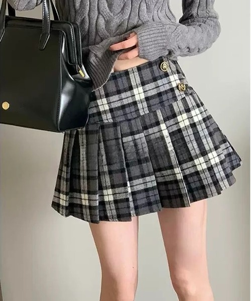 BENDER TOKYO（ベンダートウキョウ）の「＼美脚魅せAライン／ チェック柄 ラップ風 プリーツ ミニスカート（スカート・レディース・グレー/ブラウン・FREE）」の3枚目の写真