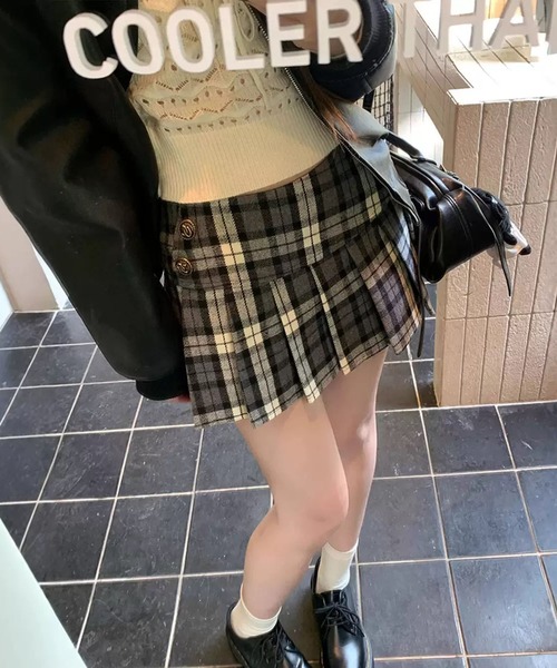 BENDER TOKYO（ベンダートウキョウ）の「＼美脚魅せAライン／ チェック柄 ラップ風 プリーツ ミニスカート（スカート・レディース・グレー/ブラウン・FREE）」の5枚目の写真