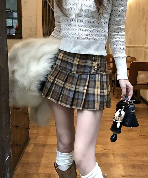 BENDER TOKYO（ベンダートウキョウ）の「＼美脚魅せAライン／ チェック柄 ラップ風 プリーツ ミニスカート（スカート・レディース・グレー/ブラウン・FREE）」の10枚目の写真