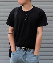 EXCONTAINER（エックスコンテナ）の「ヘンリーネックワッフルハーフスリーブ（ブラック）（Tシャツ/カットソー）」