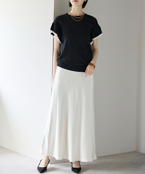 each（イーチ）の「【接触冷感】配色フリルスリーブ サマーニット（ニット/セーター・レディース・ネイビー/ブラック/ライトグレー・FREE/L）」の9枚目の写真