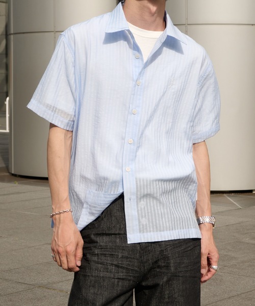 Perushu（ペルーシュ）の「Sheer Stripe Short Sleeve Shirt／ シアーストライプショートスリーブシャツ（シャツ/ブラウス・メンズ・ブラック/ブルー/ベージュ・MEDIUM/LARGE）」の5枚目の写真