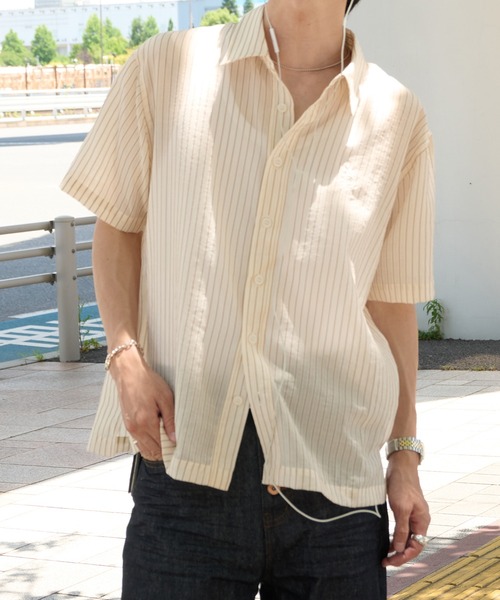 Perushu（ペルーシュ）の「Sheer Stripe Short Sleeve Shirt／ シアーストライプショートスリーブシャツ（シャツ/ブラウス・メンズ・ブラック/ブルー/ベージュ・MEDIUM/LARGE）」の21枚目の写真
