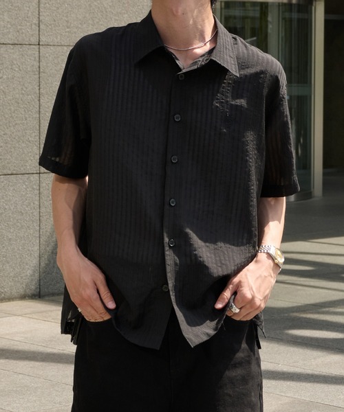 Perushu（ペルーシュ）の「Sheer Stripe Short Sleeve Shirt／ シアーストライプショートスリーブシャツ（シャツ/ブラウス・メンズ・ブラック/ブルー/ベージュ・MEDIUM/LARGE）」の12枚目の写真