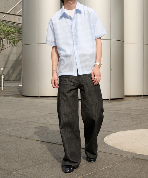 Perushu（ペルーシュ）の「Sheer Stripe Short Sleeve Shirt／ シアーストライプショートスリーブシャツ（シャツ/ブラウス・メンズ・ブラック/ブルー/ベージュ・MEDIUM/LARGE）」の7枚目の写真