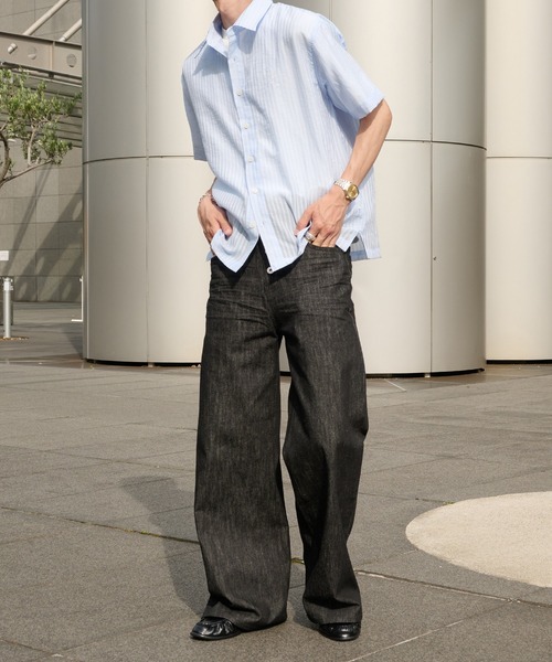 Perushu（ペルーシュ）の「Sheer Stripe Short Sleeve Shirt／ シアーストライプショートスリーブシャツ（シャツ/ブラウス・メンズ・ブラック/ブルー/ベージュ・MEDIUM/LARGE）」の8枚目の写真