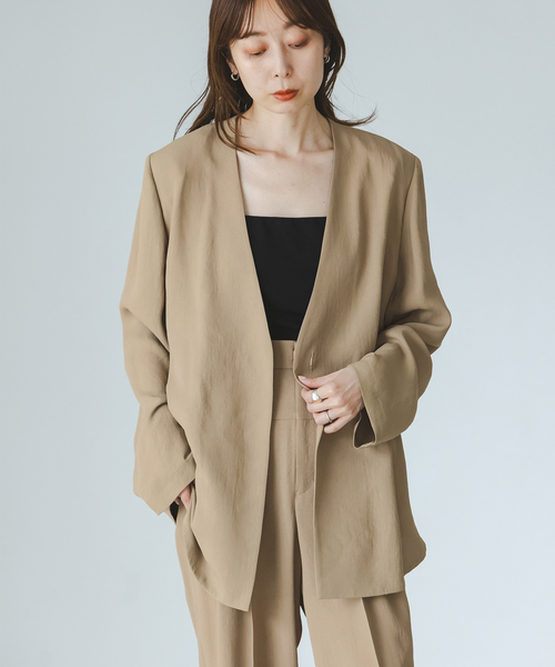 Noble(ノーブル)の「《WEB&一部店舗限定追加》ELENI/エルニ ライトクロスジャケット(ノーカラージャケット・レディース・キャメル/ブラック・38/36)」の15枚目の写真