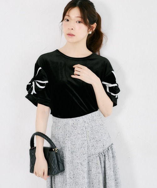 tocco closet(トッコ クローゼット)の「【ZOZO限定】袖リボンベロア半袖トップス(Tシャツ/カットソー・レディース・ブラック/ネイビー/グレー/アイボリー・M)」の11枚目の写真