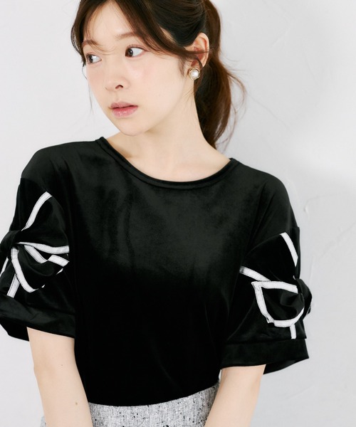 tocco closet(トッコ クローゼット)の「【ZOZO限定】袖リボンベロア半袖トップス(Tシャツ/カットソー・レディース・ブラック/ネイビー/グレー/アイボリー・M)」の14枚目の写真