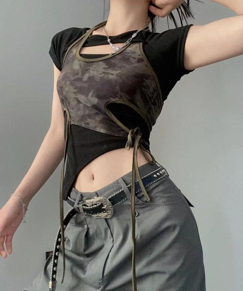 CANVAS+（キャンバスプラス）の「【CANVAS＋】ニュアンス柄タンク×Tシャツレイヤーセット（Tシャツ/カットソー・レディース・ブラック・M）」の5枚目の写真