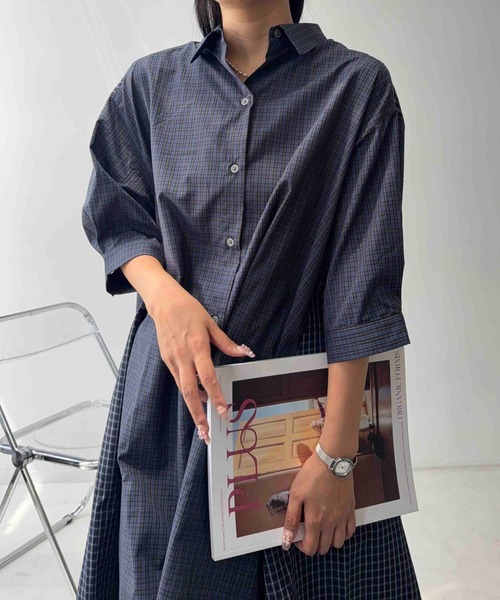 AS KNOW AS plus(アズノゥアズプラス)の「☆異素材MIX7分袖シャツワンピース(ワンピース・レディース・ブラック系/グレー系/ベージュ系/カーキ系/グリーン系/ネイビー系・FREE)」の8枚目の写真