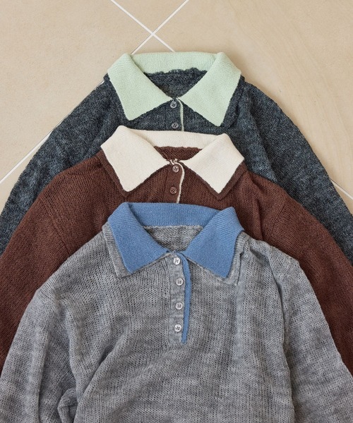 [WEB限定] Тонкий прозрачный мотив Mohea Layered Knit — нит-поло, сетка, многослойный