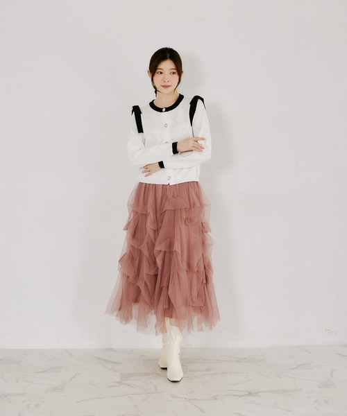 tocco closet（トッコ　クローゼット）の「肩リボン付き透かしアーガイルニットカーディガン（カーディガン/ボレロ・レディース・ブラック/オフホワイト・M）」の3枚目の写真